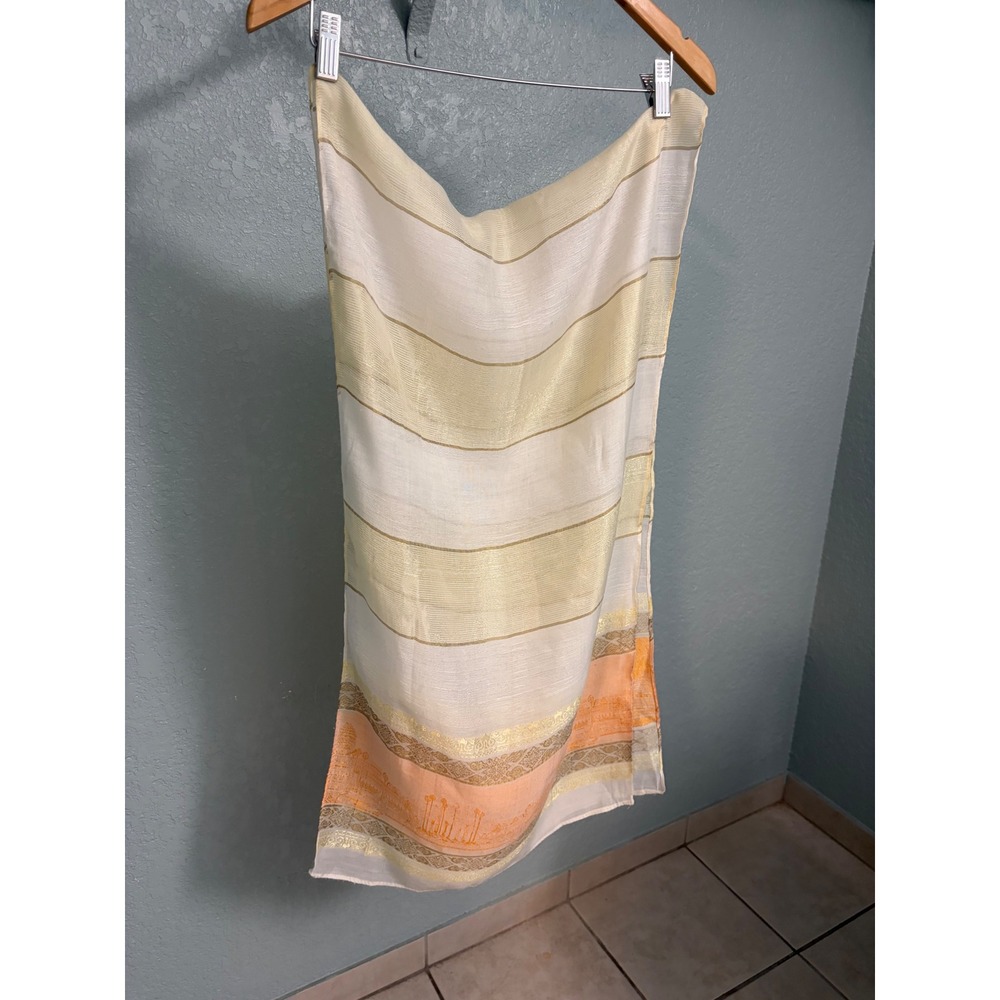 Cambodian Silk Scarf Metallic Gold Stripe Orange Architecture Border Cream Scarf